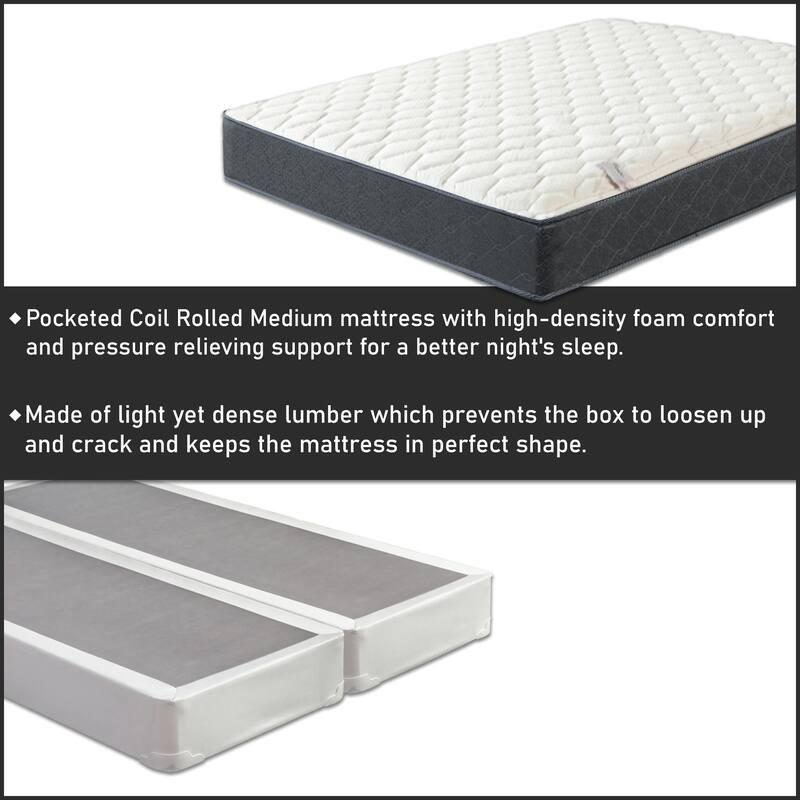 10Inch Medium Tight Top Memory Foam Pocket Coil rolled Mattress and 8" Split Wood Box
